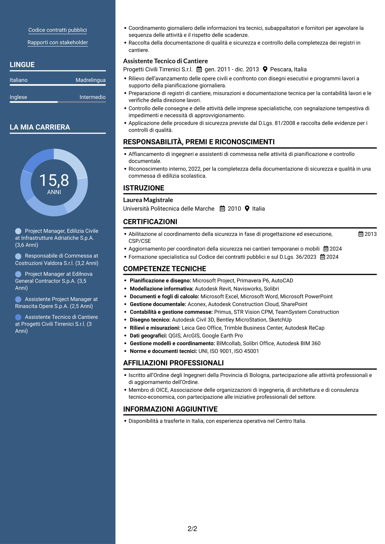 CV Signature (formato con colonna laterale colorata e foto grande): Project Manager - Edilizia Pubblica, pagina 2