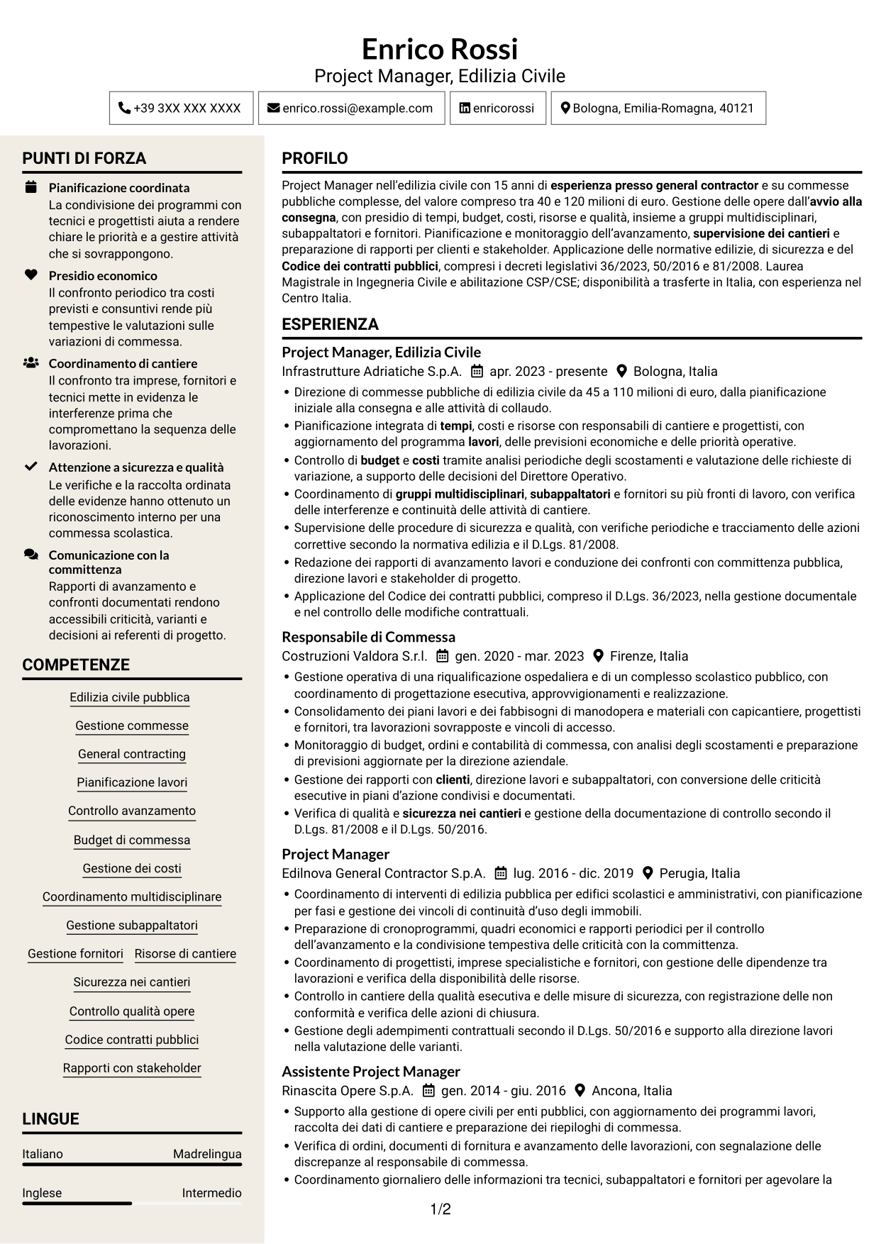 CV Intraprendente (formato a due colonne con intestazione centrata senza foto): Project Manager - Edilizia Pubblica, pagina 1