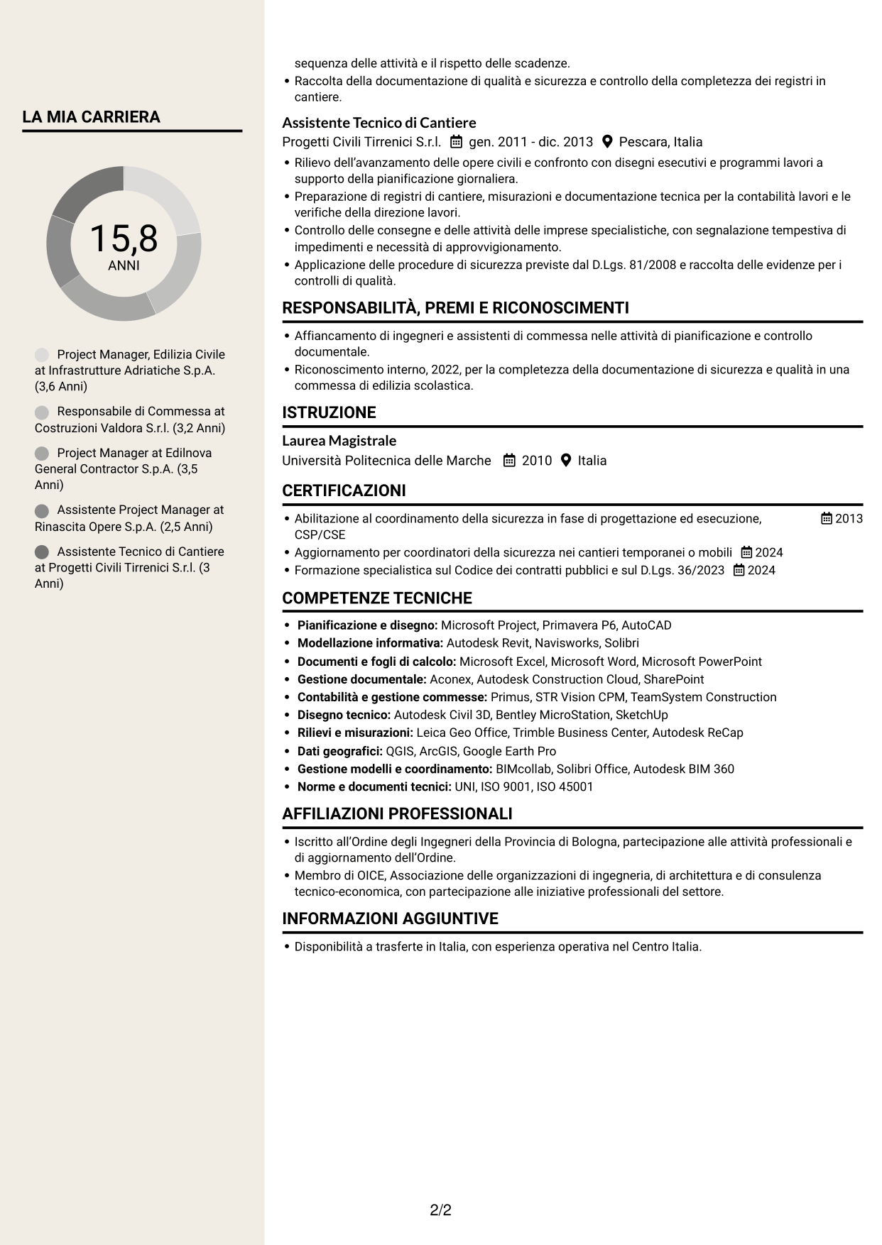 CV Intraprendente (formato a due colonne con intestazione centrata senza foto): Project Manager - Edilizia Pubblica, pagina 2