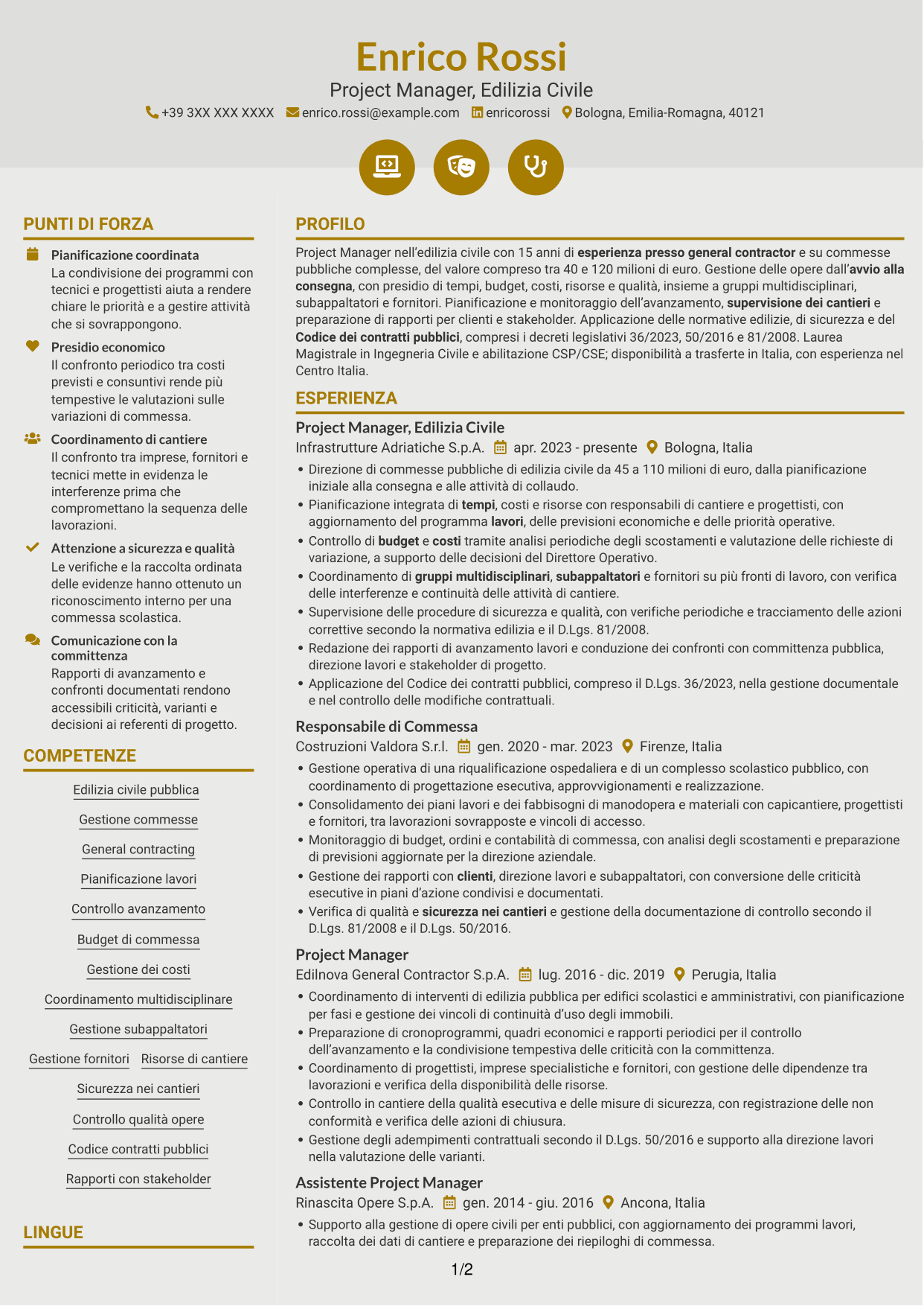 CV Dinamico (formato a due colonne con icone): Project Manager - Edilizia Pubblica, pagina 1