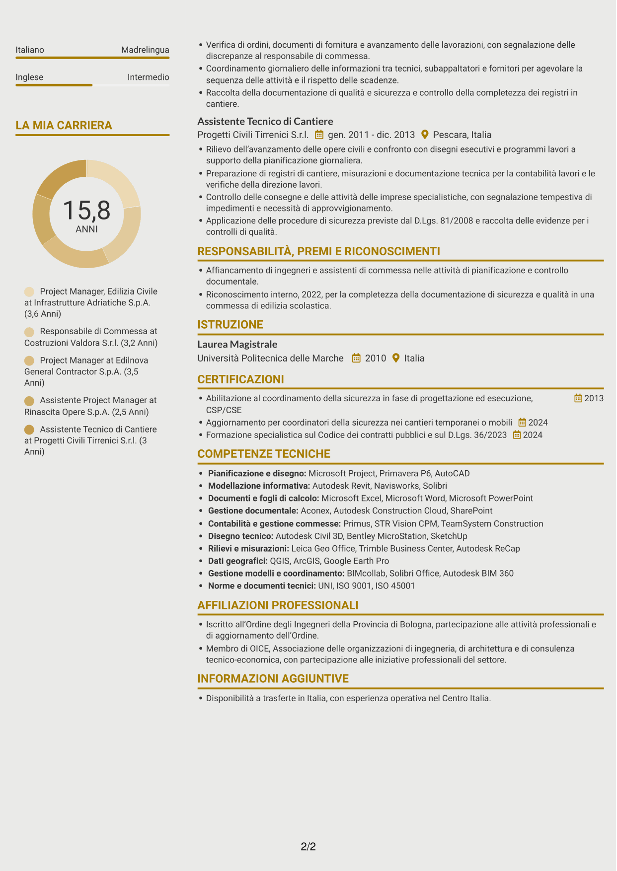 CV Dinamico (formato a due colonne con icone): Project Manager - Edilizia Pubblica, pagina 2