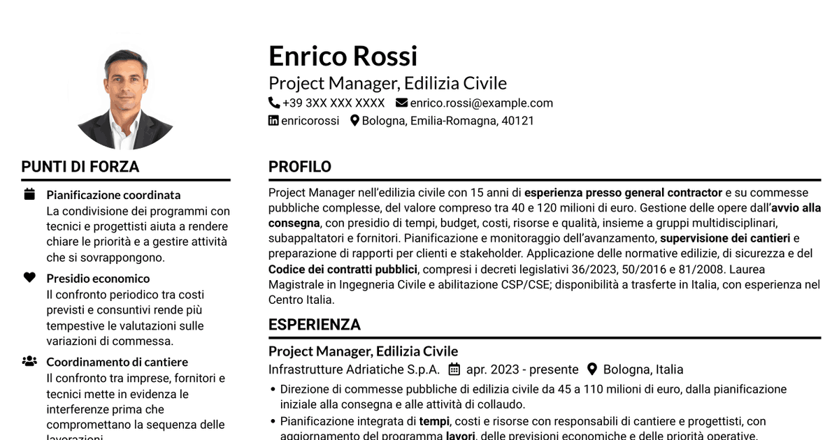 7 modelli di CV per Project Manager - Edilizia Pubblica, con esempi