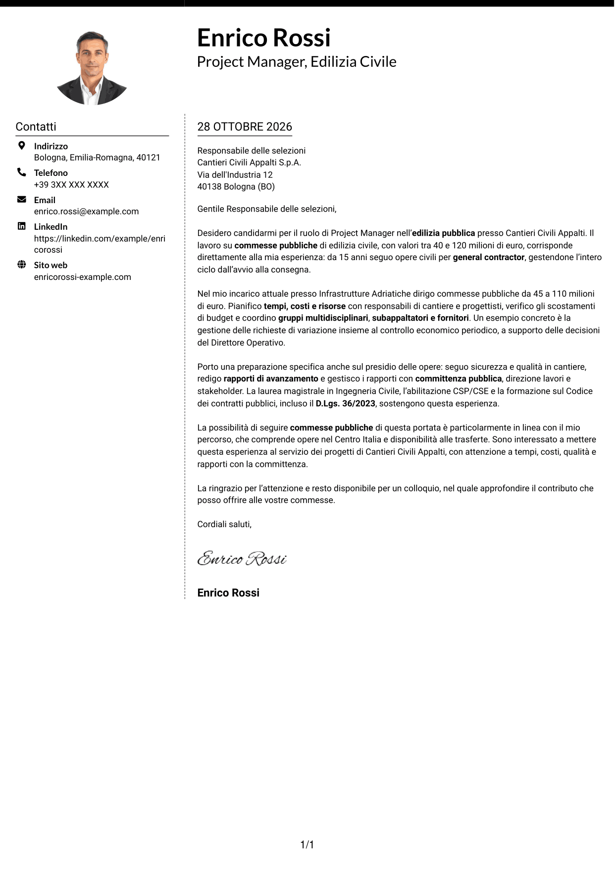 Lettera di presentazione Moderno (formato a due colonne con foto a sinistra e separatore): Project Manager - Edilizia Pubblica, pagina 1