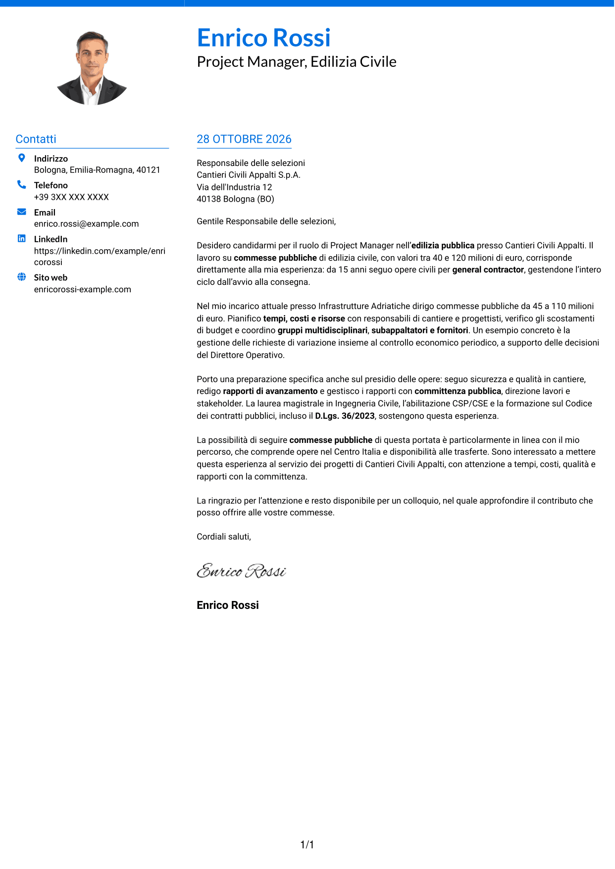 Lettera di presentazione Audace (formato a due colonne con accenti colorati e foto): Project Manager - Edilizia Pubblica, pagina 1