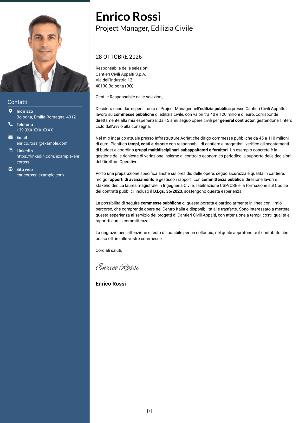 Lettera di presentazione Signature (formato con colonna laterale colorata e foto grande): Project Manager - Edilizia Pubblica, pagina 1