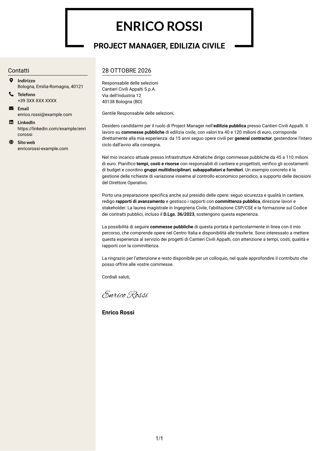 Lettera di presentazione Intraprendente (formato a due colonne con intestazione centrata senza foto): Project Manager - Edilizia Pubblica, pagina 1