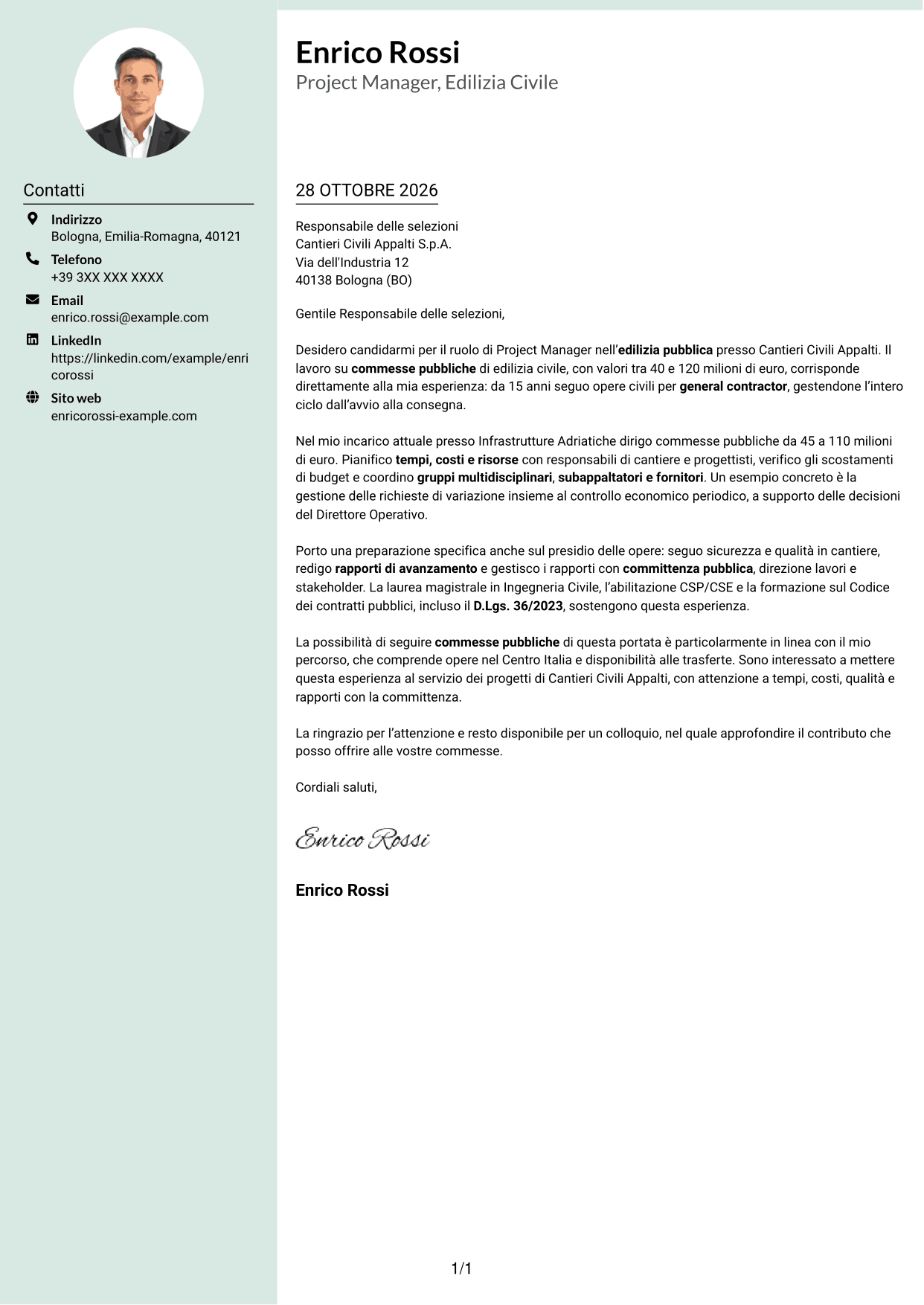Lettera di presentazione Dirigente (formato con colonna laterale tenue e foto arrotondata): Project Manager - Edilizia Pubblica, pagina 1