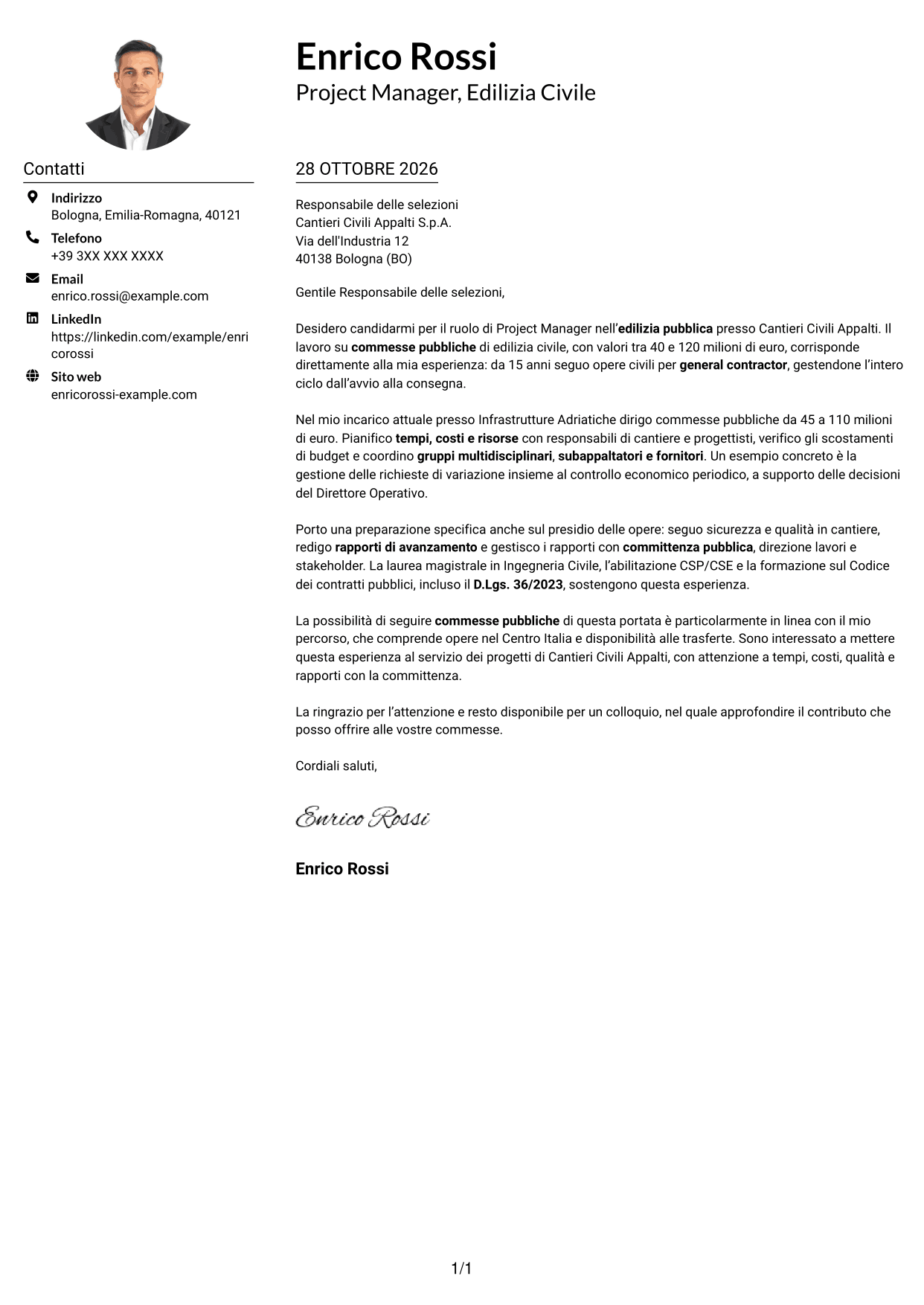 Esempio di lettera di presentazione — pagina 1