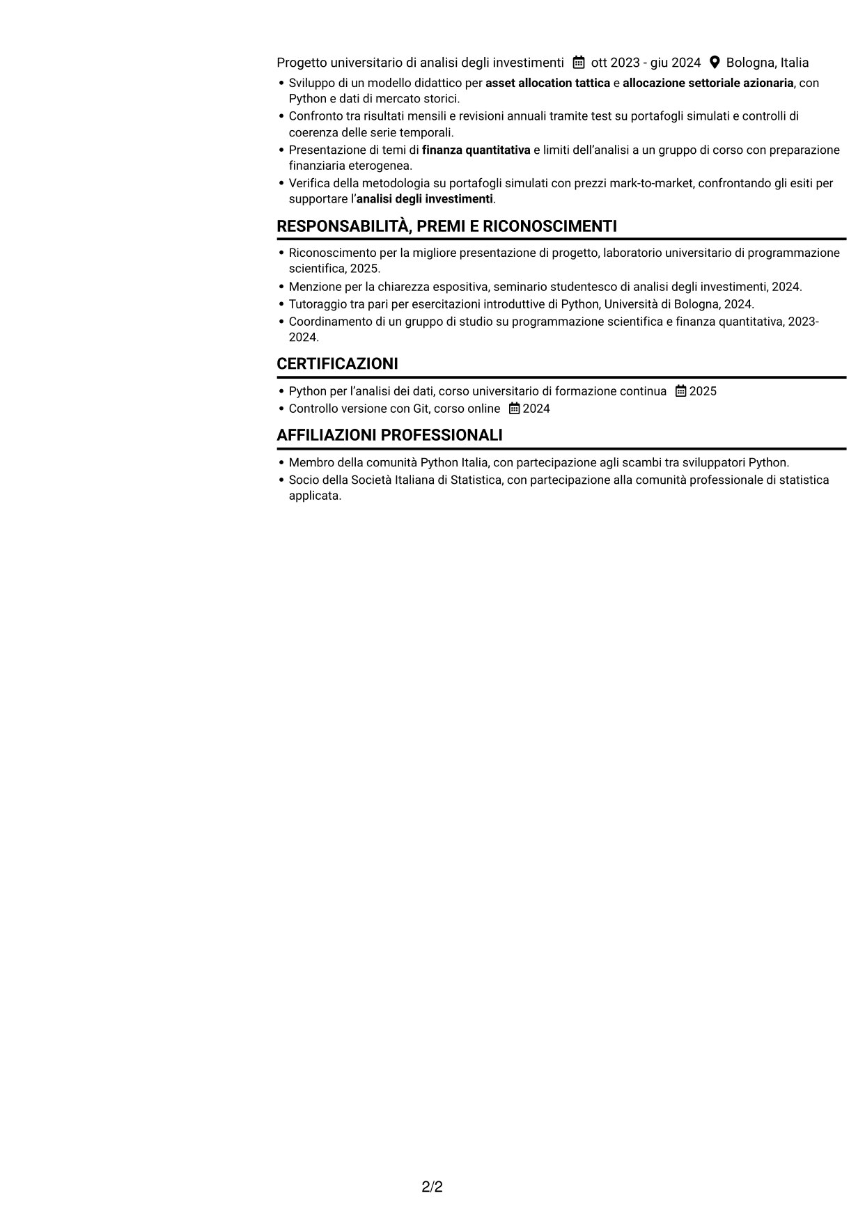CV Compatto (formato sobrio a due colonne con foto): Python Developer - Strategie di investimento quantitativo, pagina 2