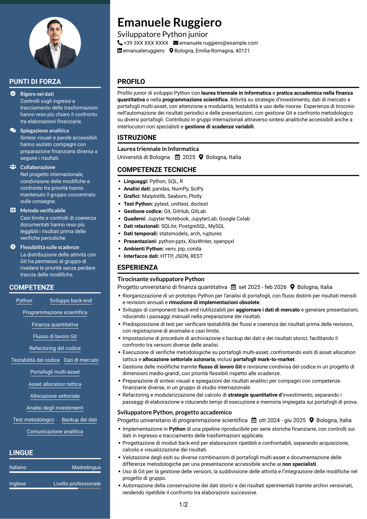 CV Elegante (formato con colonna laterale colorata e foto): Python Developer - Strategie di investimento quantitativo, pagina 1
