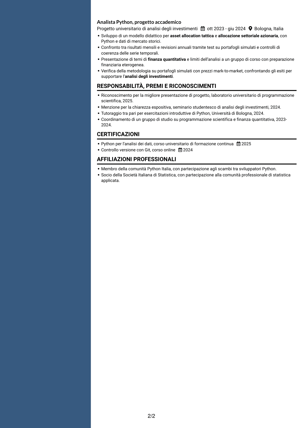 CV Elegante (formato con colonna laterale colorata e foto): Python Developer - Strategie di investimento quantitativo, pagina 2