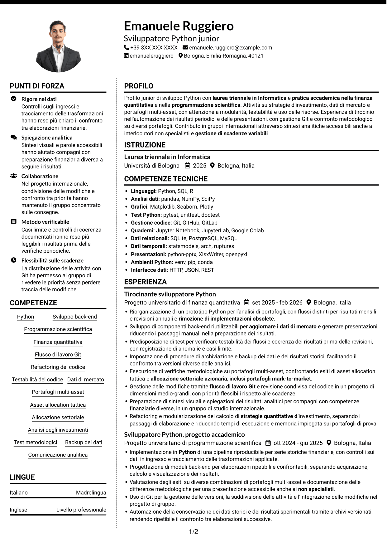 CV Moderno (formato a due colonne con foto a sinistra e separatore): Python Developer - Strategie di investimento quantitativo, pagina 1