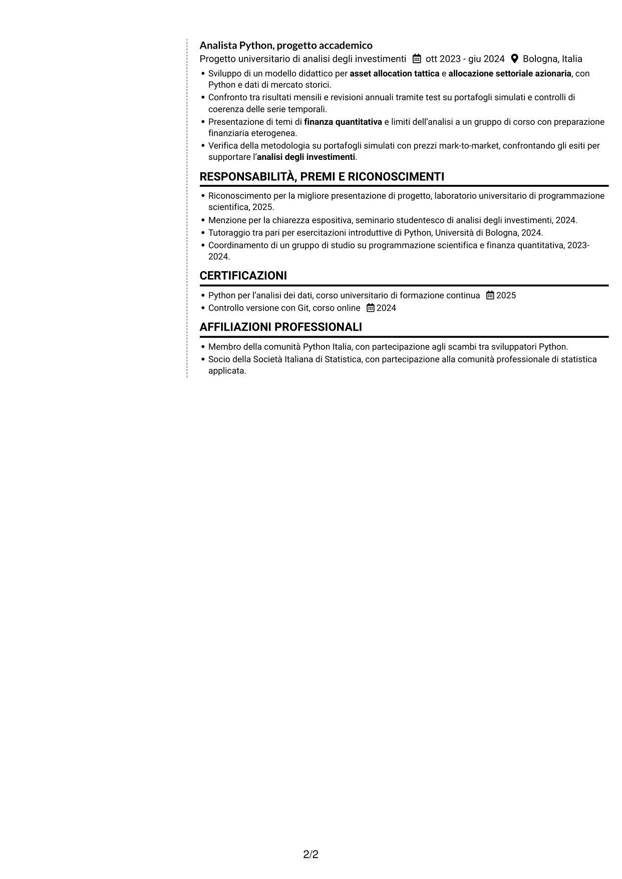 CV Moderno (formato a due colonne con foto a sinistra e separatore): Python Developer - Strategie di investimento quantitativo, pagina 2