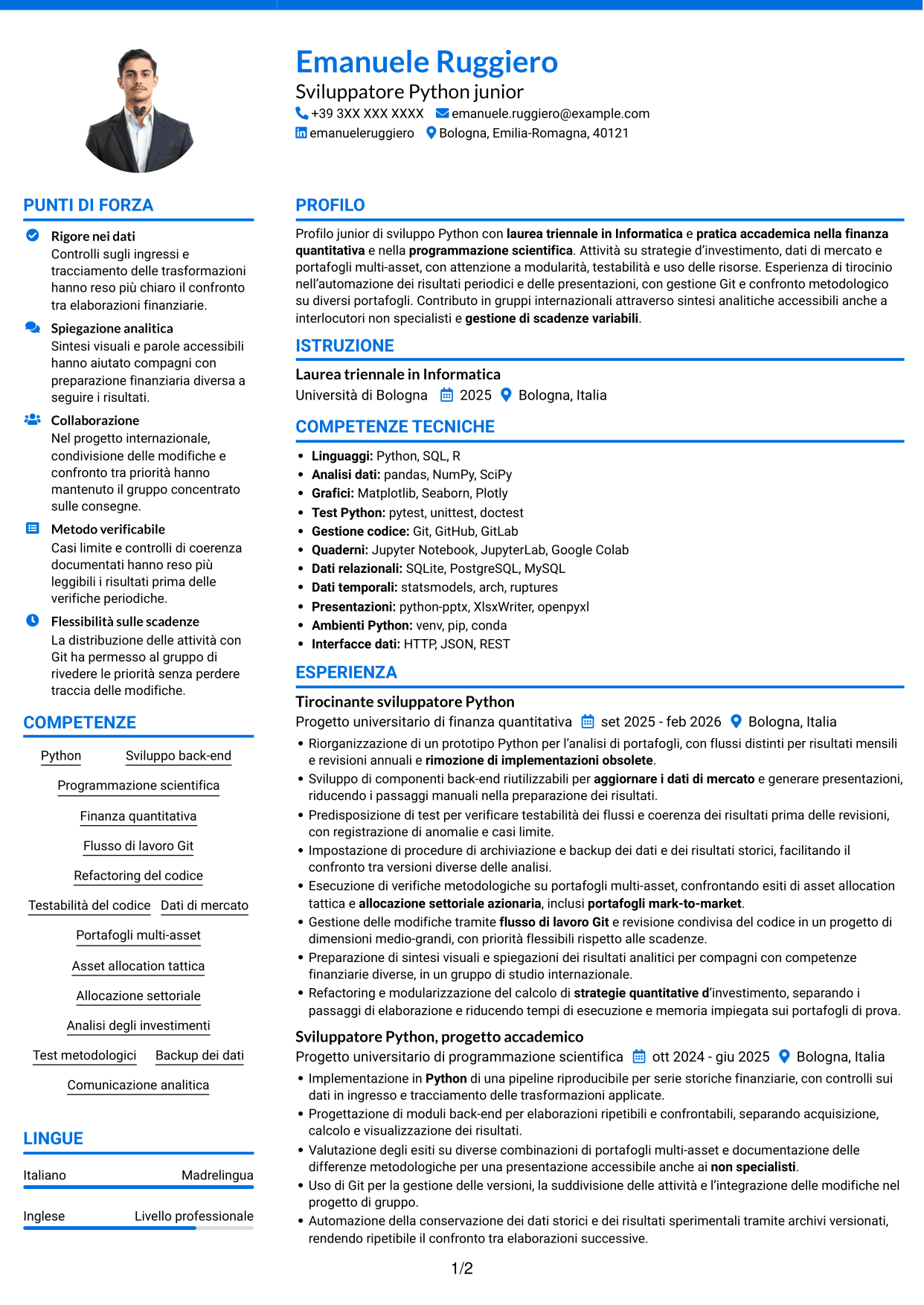 CV Audace (formato a due colonne con accenti colorati e foto): Python Developer - Strategie di investimento quantitativo, pagina 1