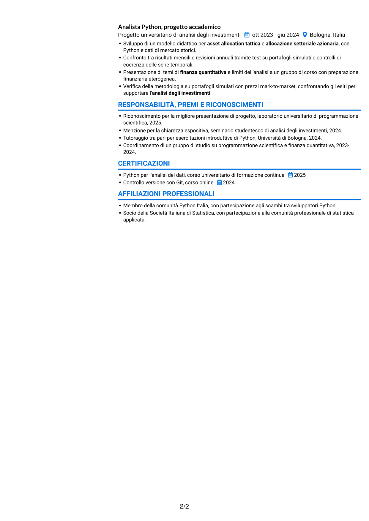 CV Audace (formato a due colonne con accenti colorati e foto): Python Developer - Strategie di investimento quantitativo, pagina 2