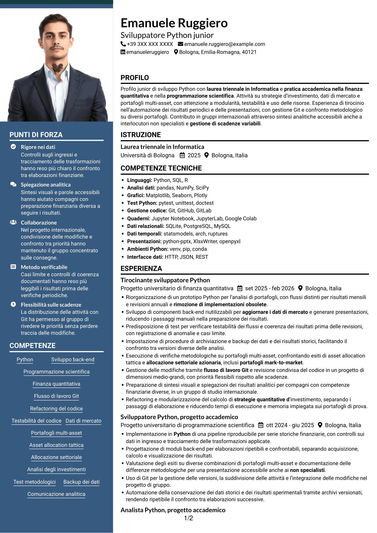 CV Signature (formato con colonna laterale colorata e foto grande): Python Developer - Strategie di investimento quantitativo, pagina 1