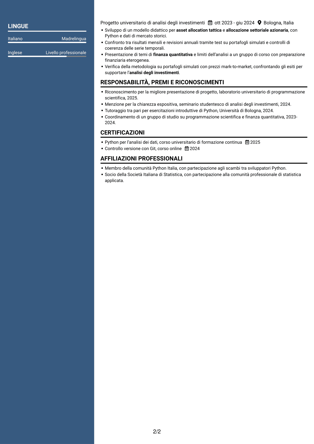CV Signature (formato con colonna laterale colorata e foto grande): Python Developer - Strategie di investimento quantitativo, pagina 2