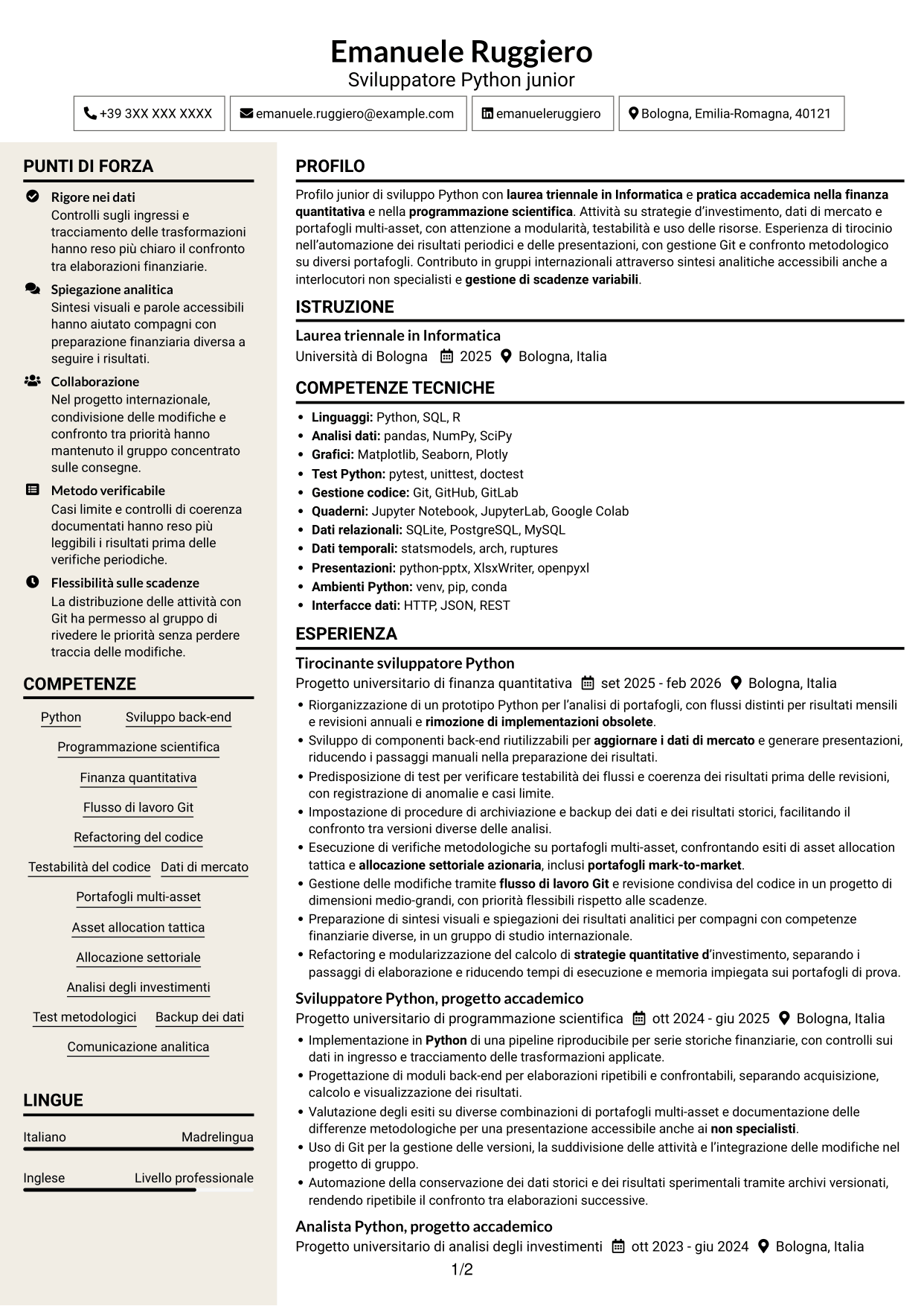 CV Intraprendente (formato a due colonne con intestazione centrata senza foto): Python Developer - Strategie di investimento quantitativo, pagina 1