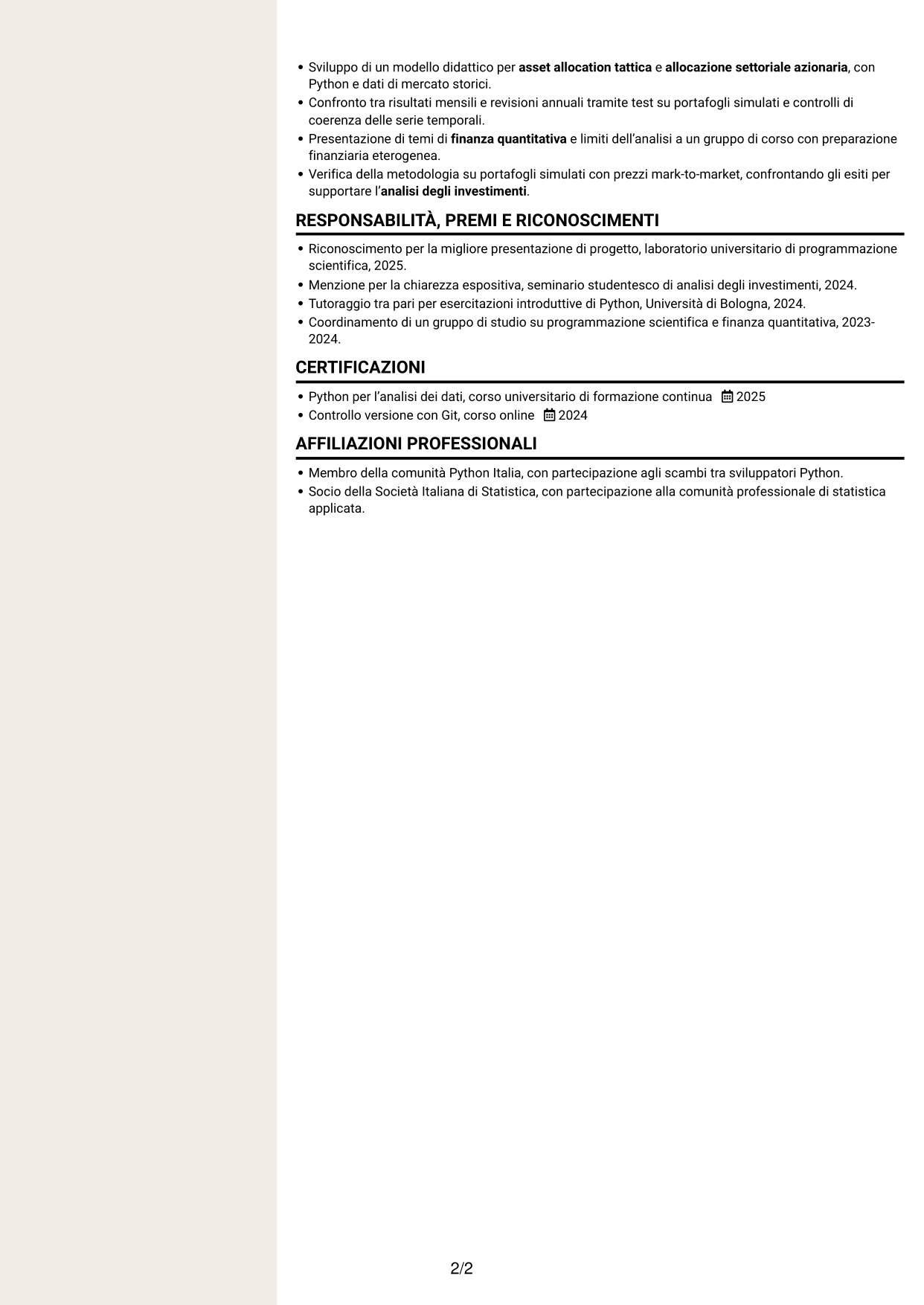 CV Intraprendente (formato a due colonne con intestazione centrata senza foto): Python Developer - Strategie di investimento quantitativo, pagina 2