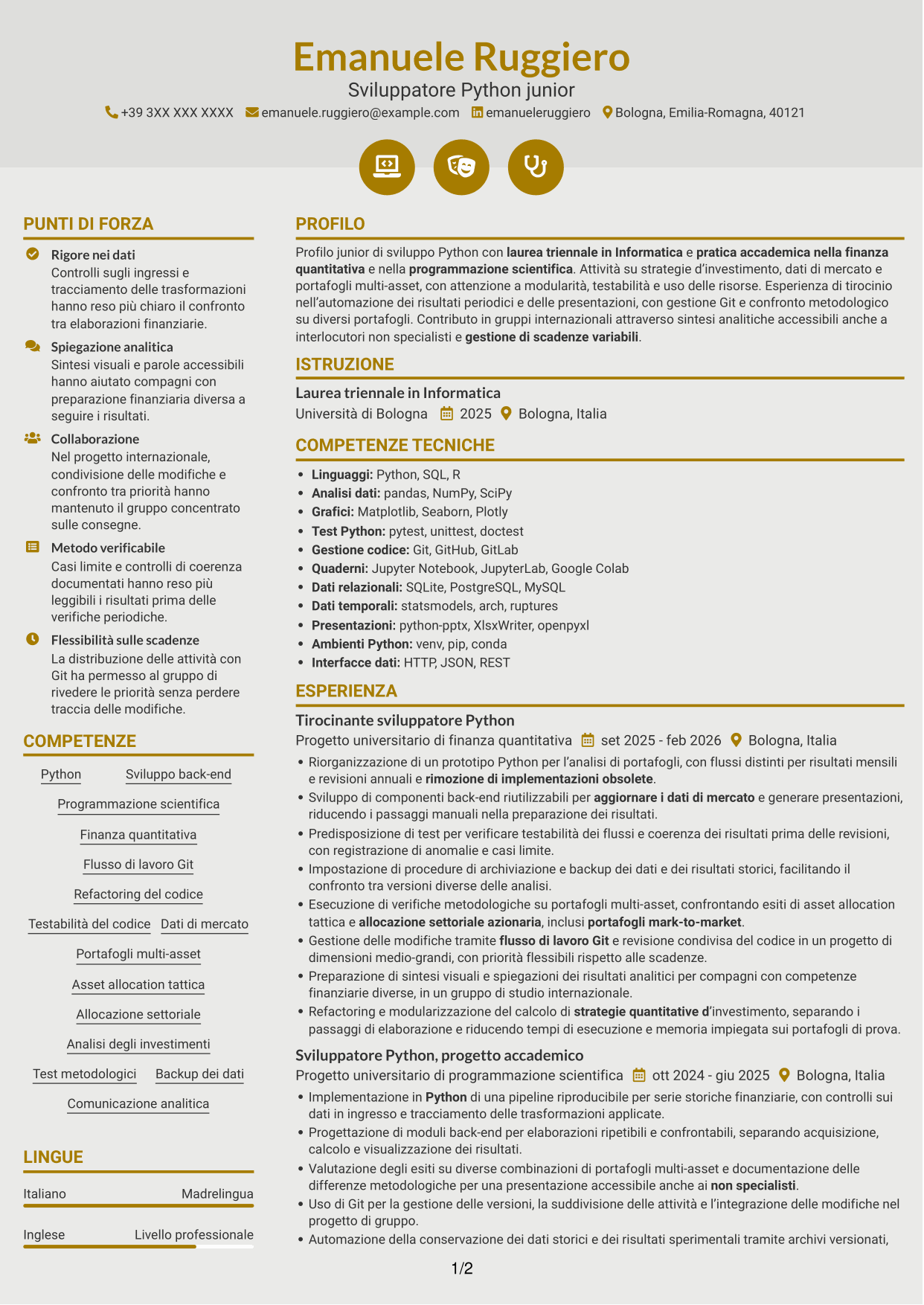 CV Dinamico (formato a due colonne con icone): Python Developer - Strategie di investimento quantitativo, pagina 1