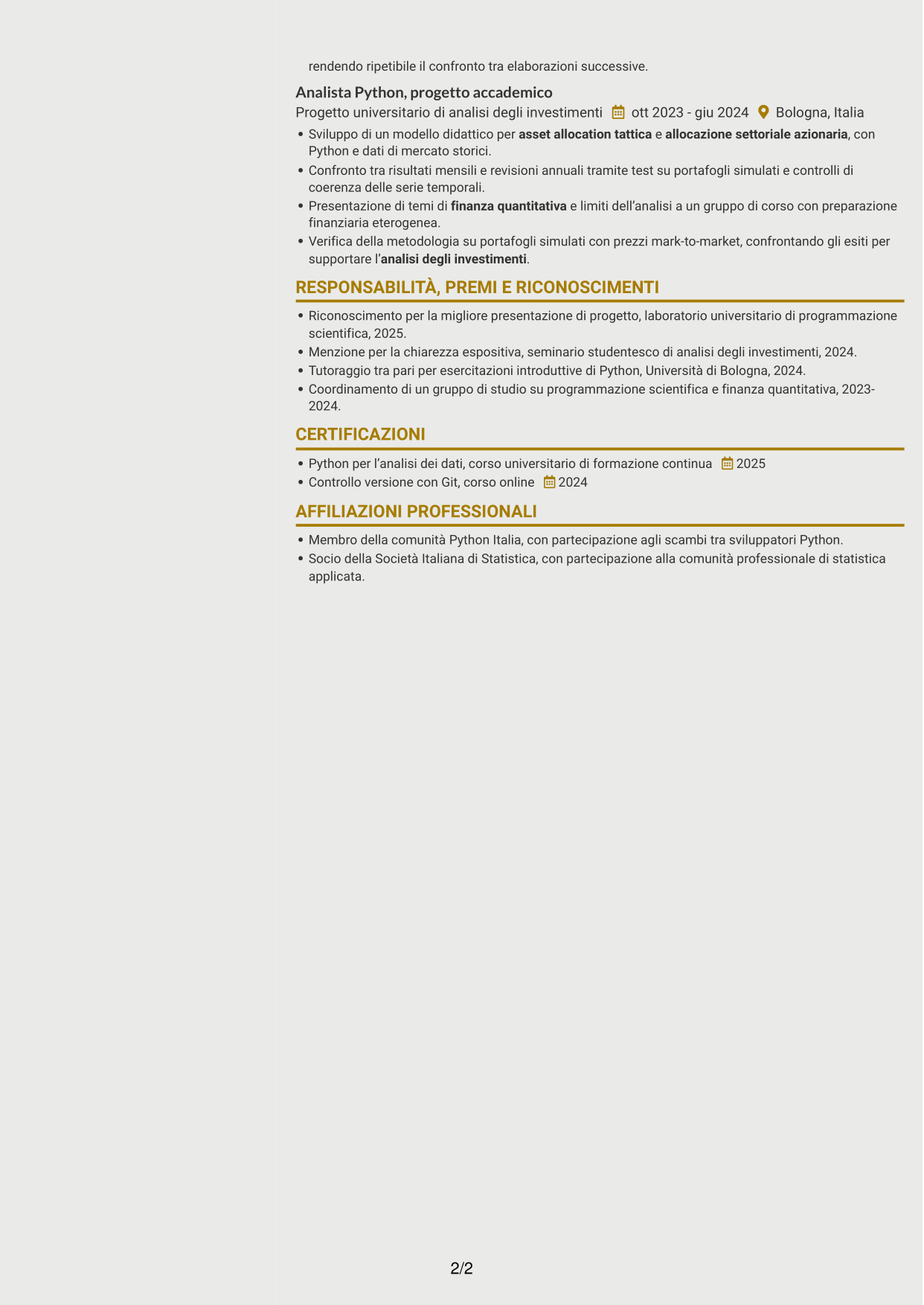 CV Dinamico (formato a due colonne con icone): Python Developer - Strategie di investimento quantitativo, pagina 2