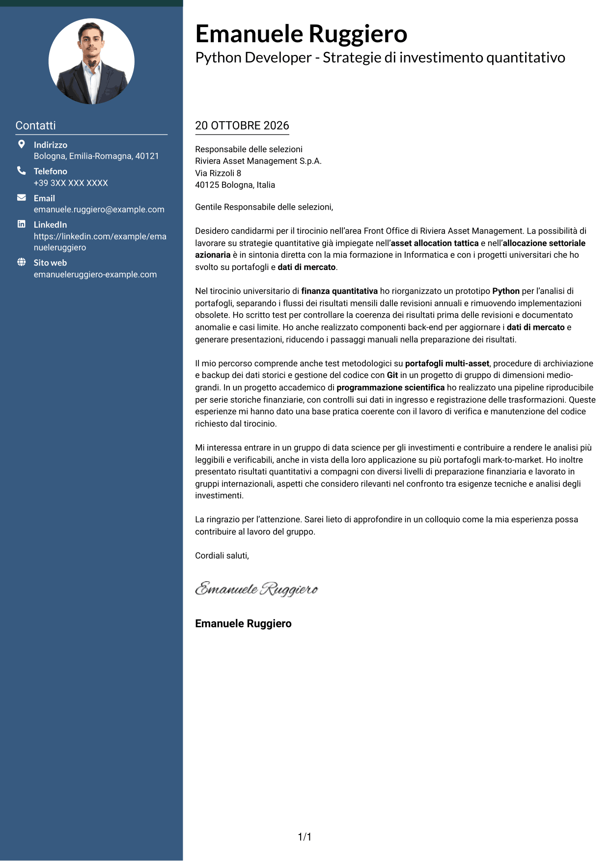 Lettera di presentazione Elegante (formato con colonna laterale colorata e foto): Python Developer - Strategie di investimento quantitativo, pagina 1
