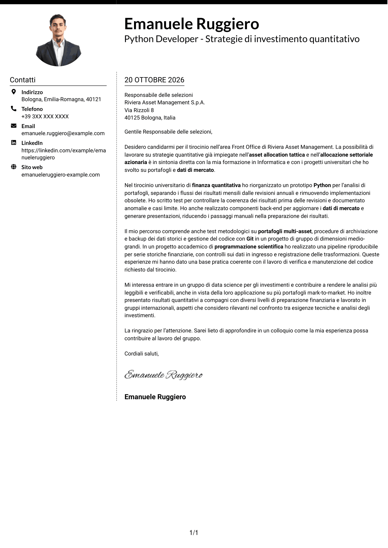 Lettera di presentazione Moderno (formato a due colonne con foto a sinistra e separatore): Python Developer - Strategie di investimento quantitativo, pagina 1