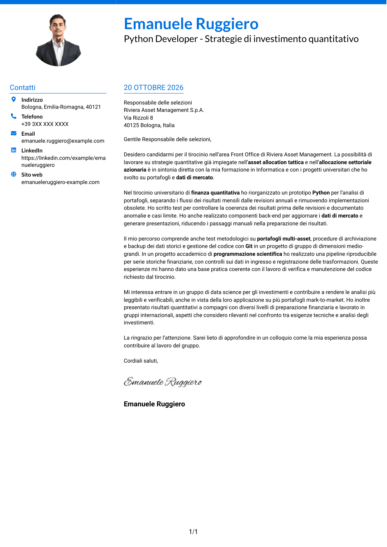 Lettera di presentazione Audace (formato a due colonne con accenti colorati e foto): Python Developer - Strategie di investimento quantitativo, pagina 1