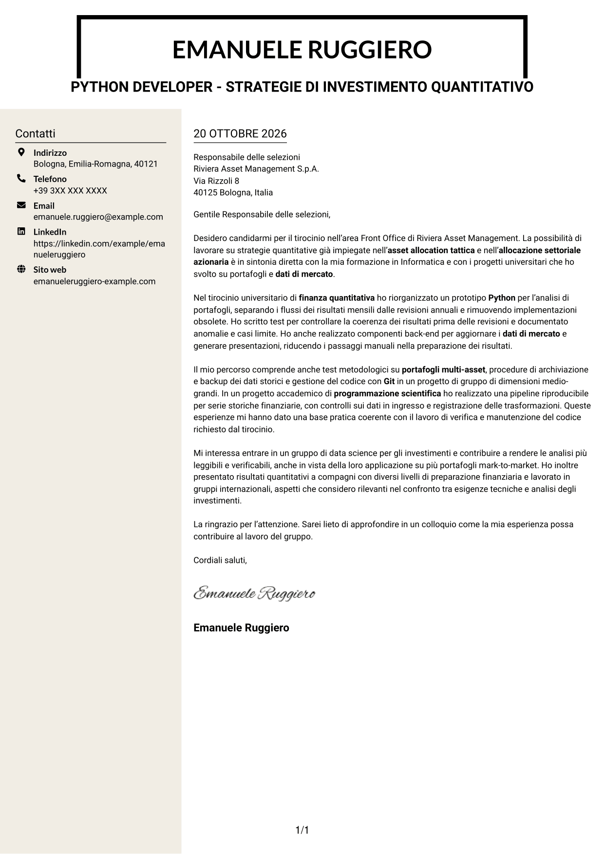 Lettera di presentazione Intraprendente (formato a due colonne con intestazione centrata senza foto): Python Developer - Strategie di investimento quantitativo, pagina 1