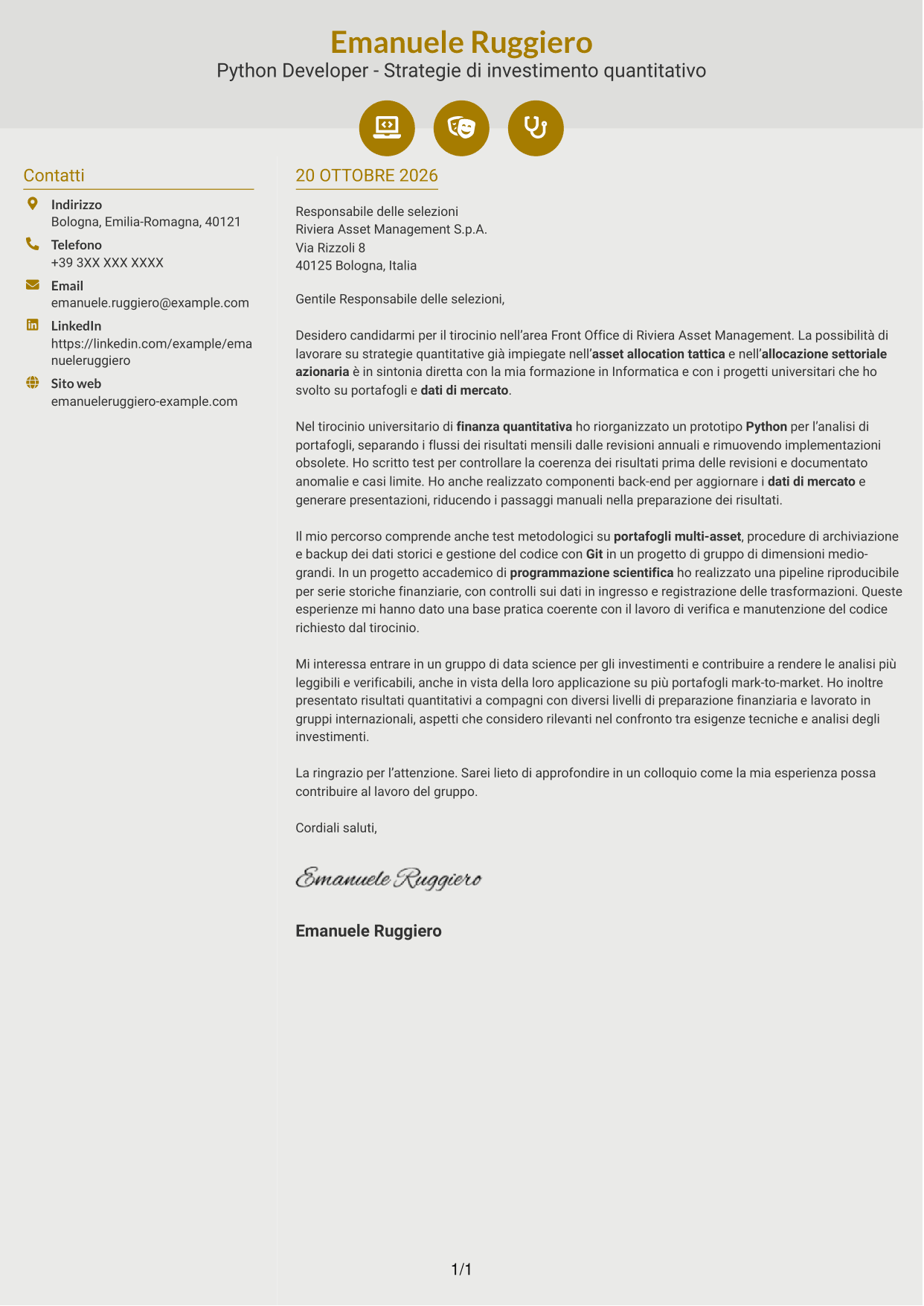 Lettera di presentazione Dinamico (formato a due colonne con icone): Python Developer - Strategie di investimento quantitativo, pagina 1