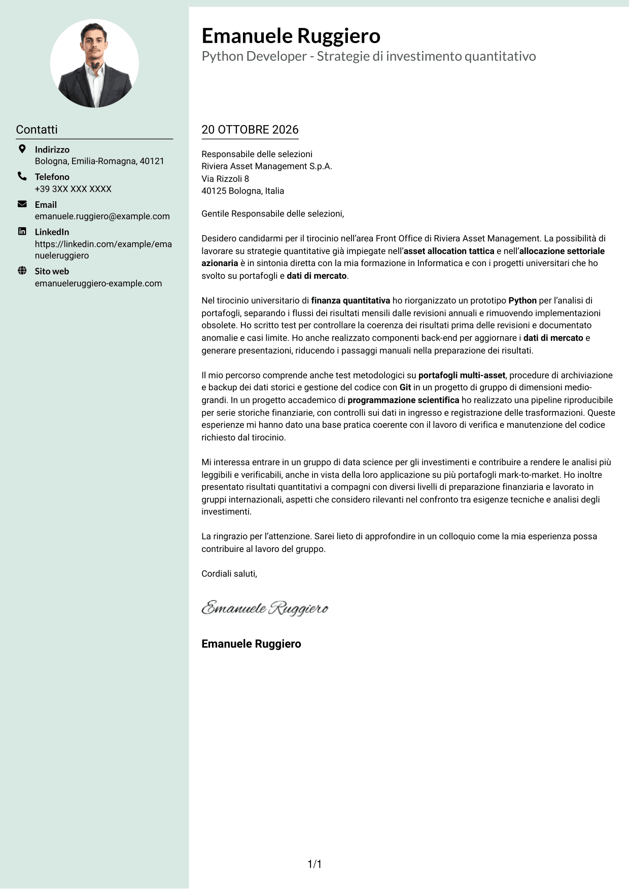 Lettera di presentazione Dirigente (formato con colonna laterale tenue e foto arrotondata): Python Developer - Strategie di investimento quantitativo, pagina 1