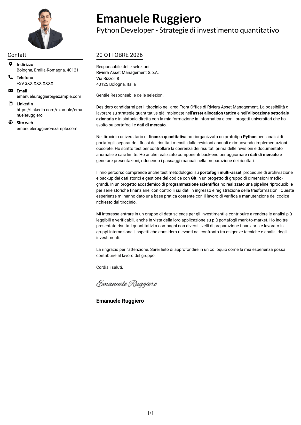 Esempio di lettera di presentazione — pagina 1