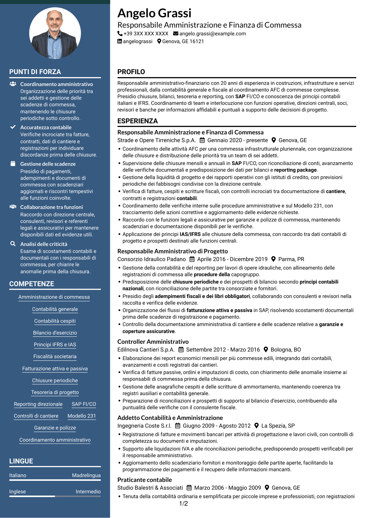 CV Elegante (formato con colonna laterale colorata e foto): Responsabile Amministrativo - Progetti infrastrutturali, pagina 1