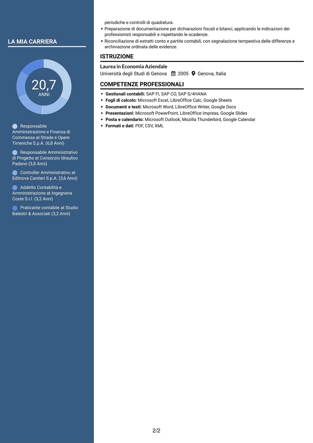 CV Elegante (formato con colonna laterale colorata e foto): Responsabile Amministrativo - Progetti infrastrutturali, pagina 2