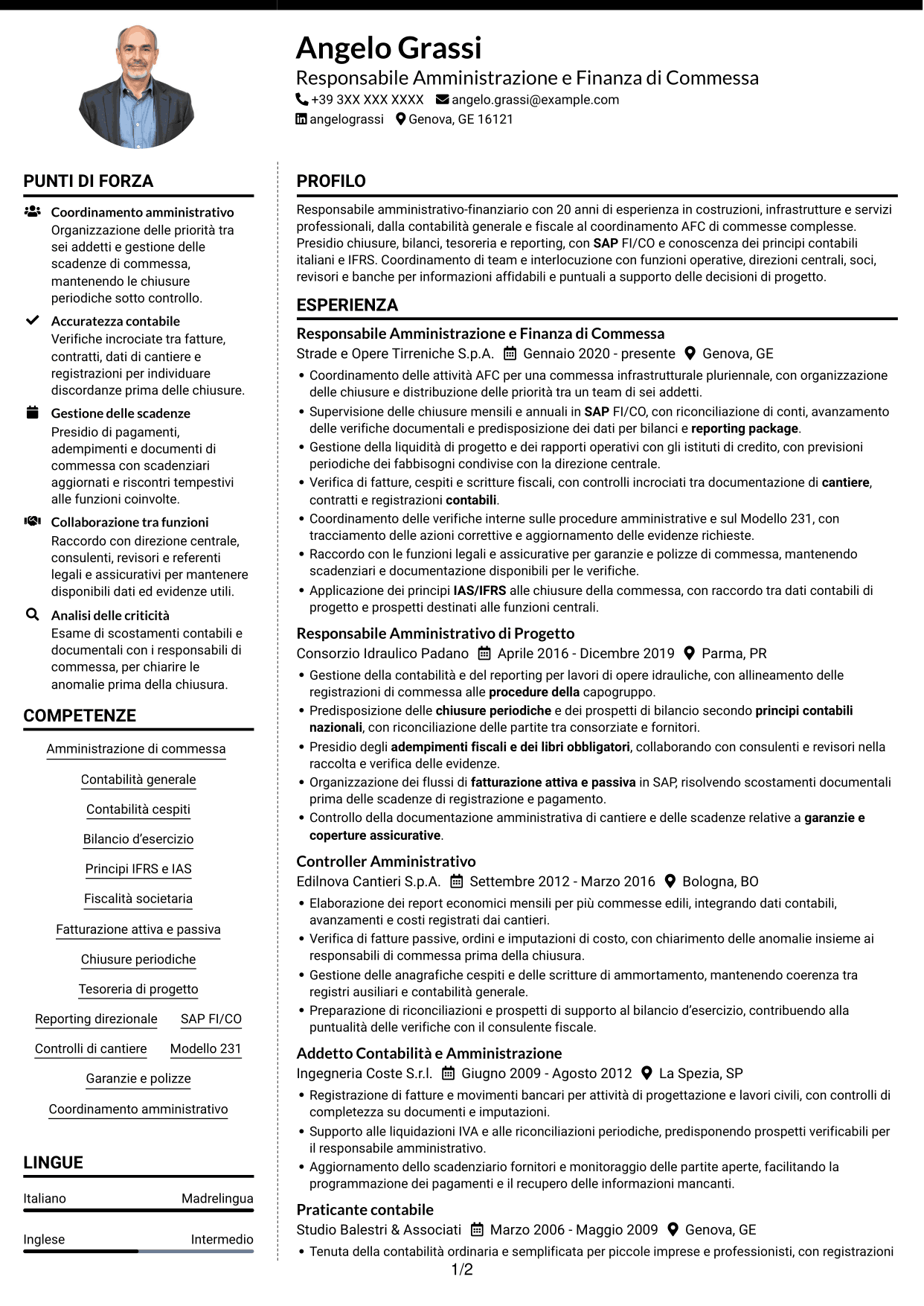 CV Moderno (formato a due colonne con foto a sinistra e separatore): Responsabile Amministrativo - Progetti infrastrutturali, pagina 1