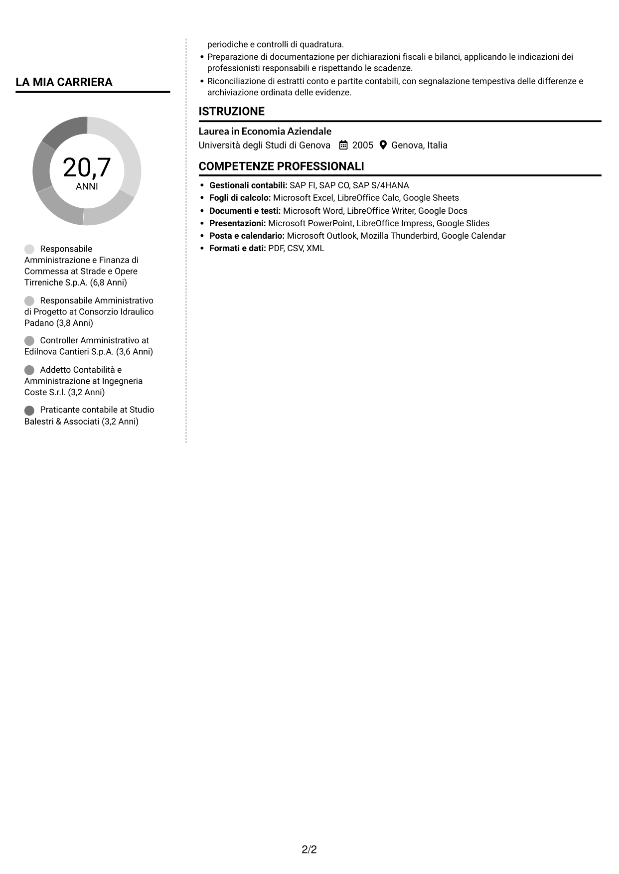 CV Moderno (formato a due colonne con foto a sinistra e separatore): Responsabile Amministrativo - Progetti infrastrutturali, pagina 2