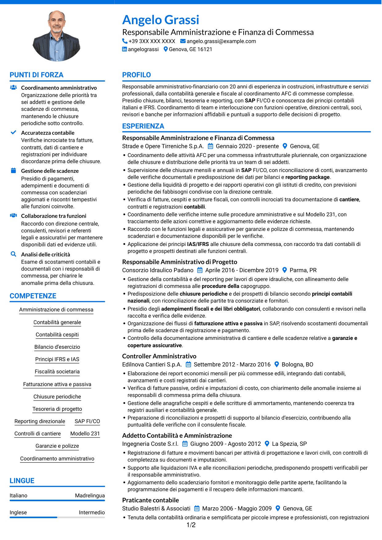 CV Audace (formato a due colonne con accenti colorati e foto): Responsabile Amministrativo - Progetti infrastrutturali, pagina 1