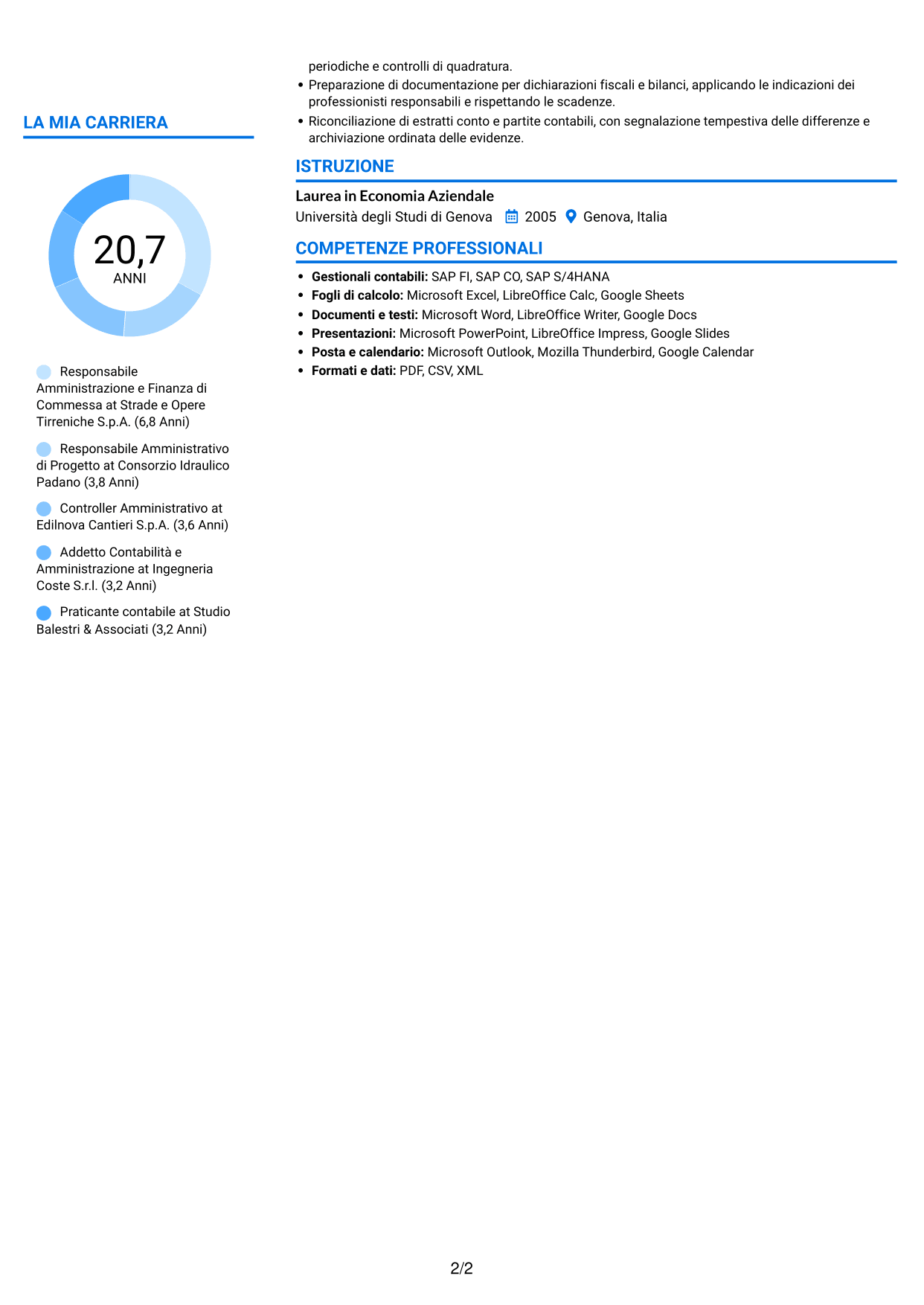CV Audace (formato a due colonne con accenti colorati e foto): Responsabile Amministrativo - Progetti infrastrutturali, pagina 2