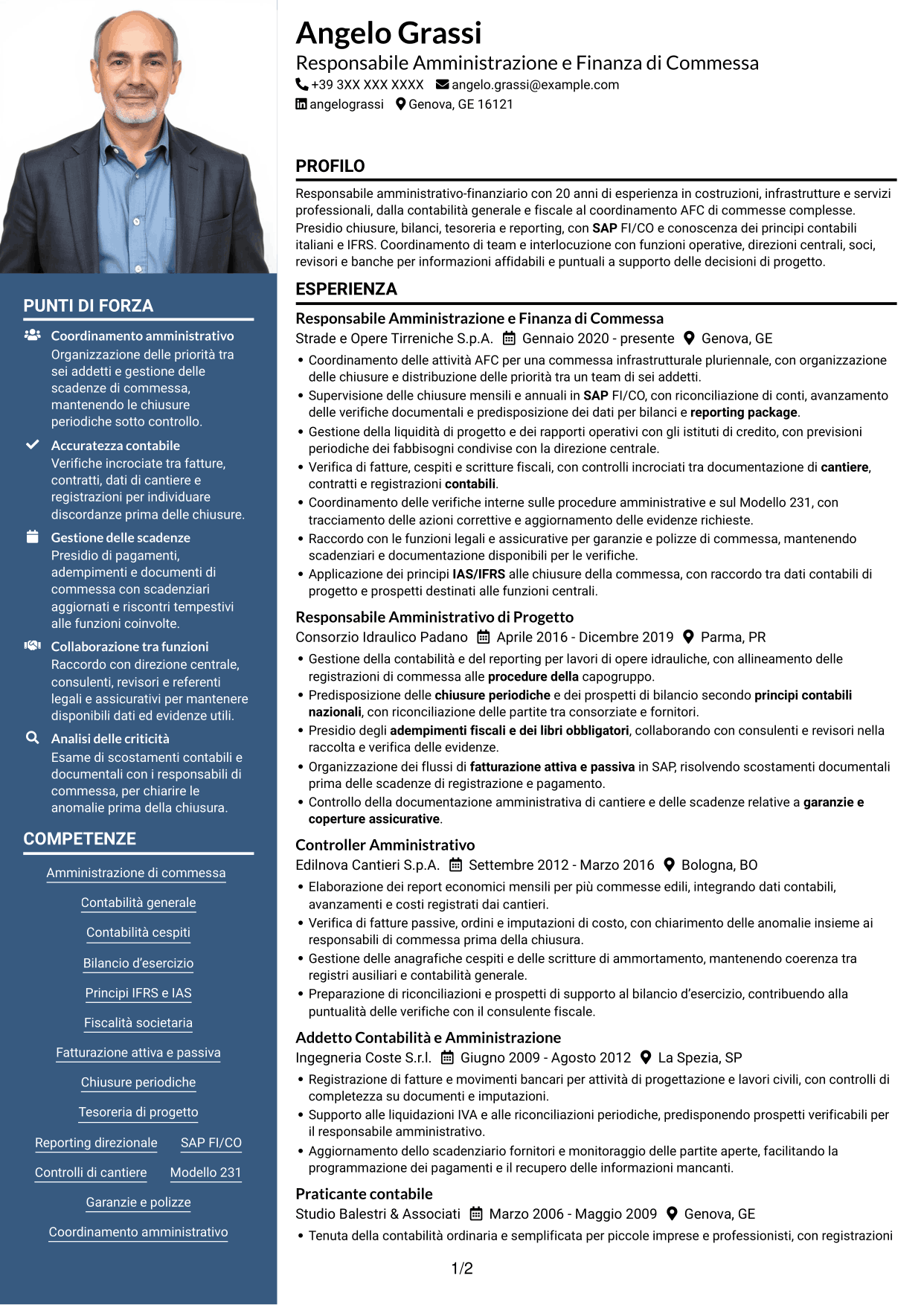 CV Signature (formato con colonna laterale colorata e foto grande): Responsabile Amministrativo - Progetti infrastrutturali, pagina 1