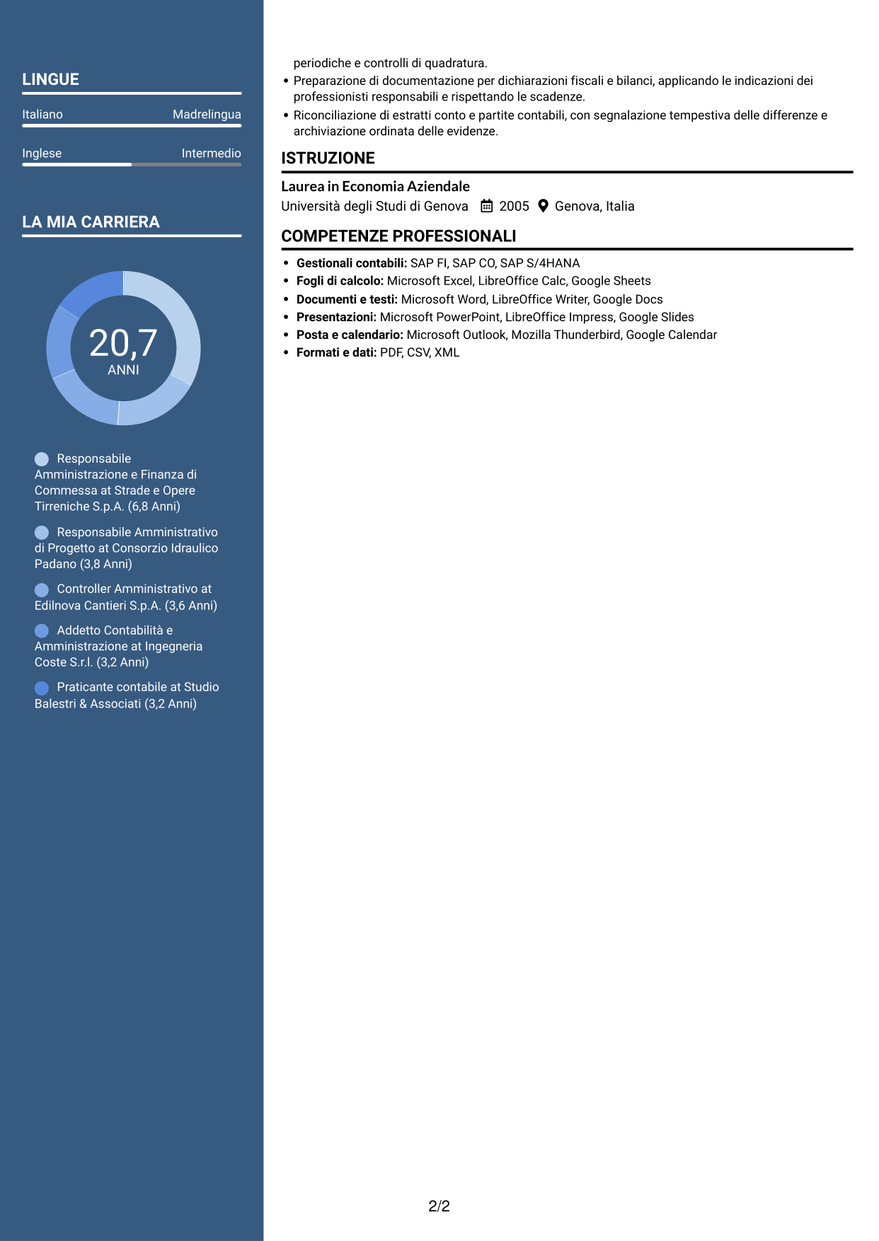 CV Signature (formato con colonna laterale colorata e foto grande): Responsabile Amministrativo - Progetti infrastrutturali, pagina 2