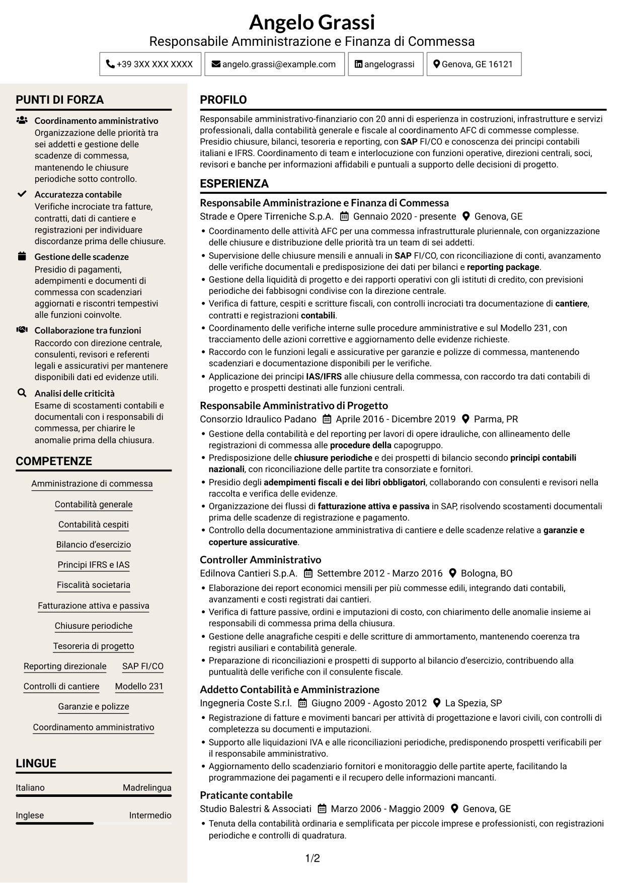 CV Intraprendente (formato a due colonne con intestazione centrata senza foto): Responsabile Amministrativo - Progetti infrastrutturali, pagina 1