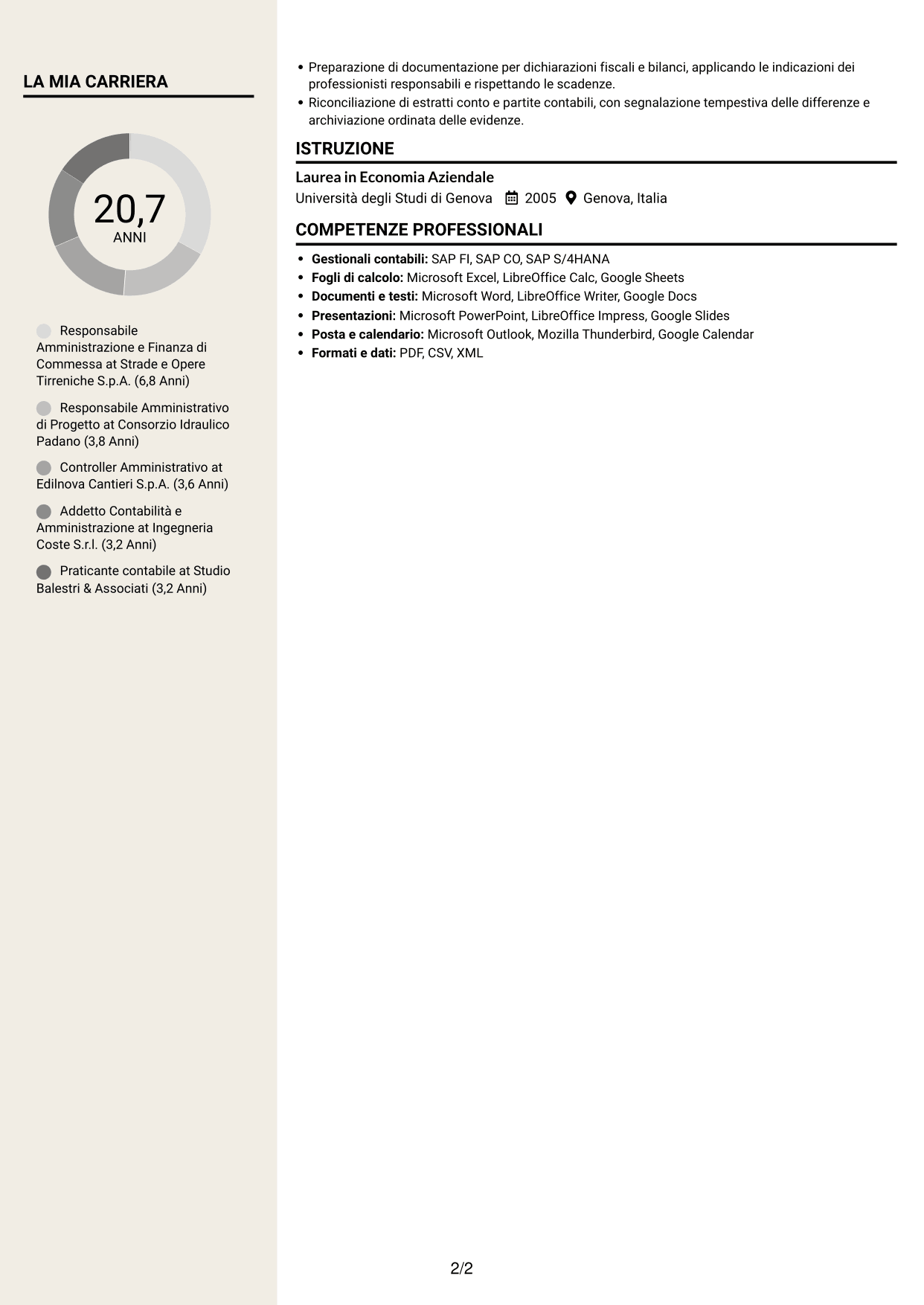 CV Intraprendente (formato a due colonne con intestazione centrata senza foto): Responsabile Amministrativo - Progetti infrastrutturali, pagina 2