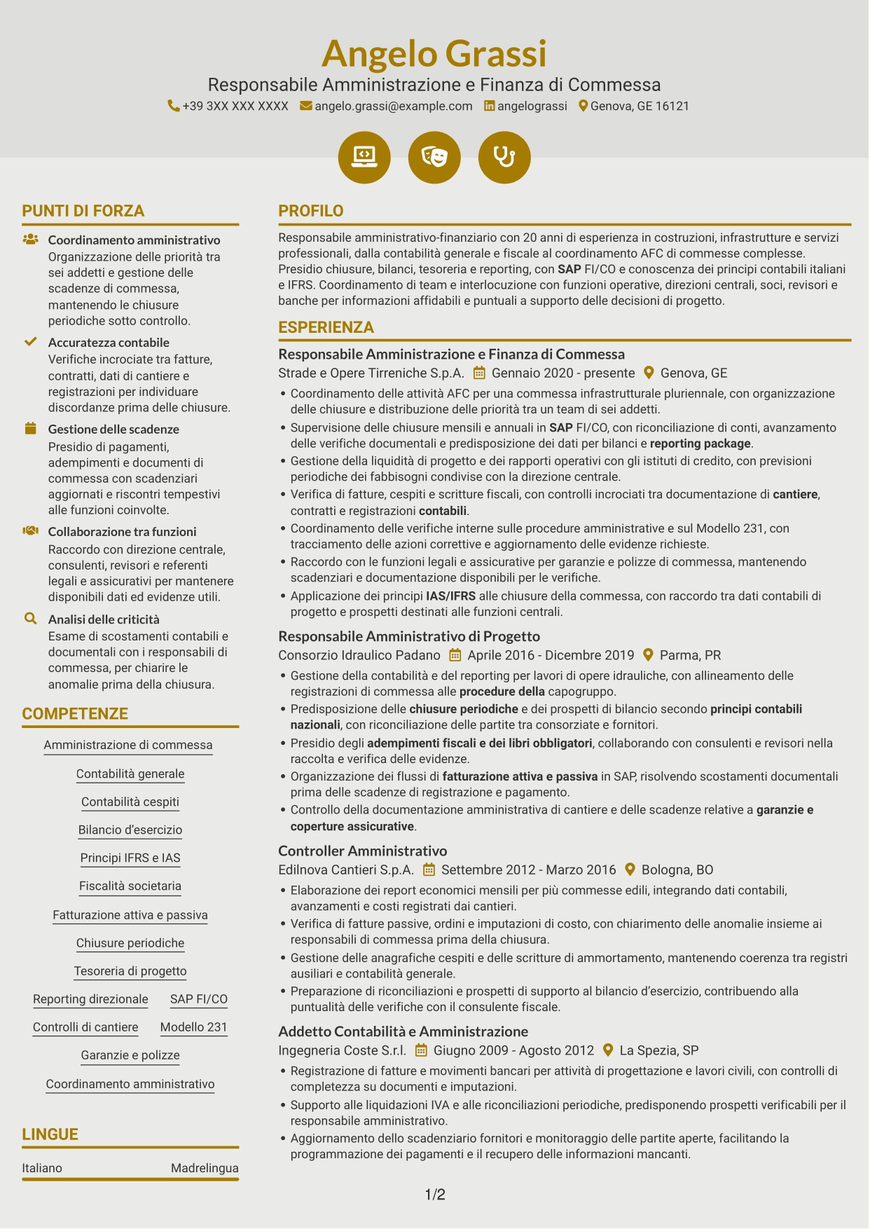 CV Dinamico (formato a due colonne con icone): Responsabile Amministrativo - Progetti infrastrutturali, pagina 1