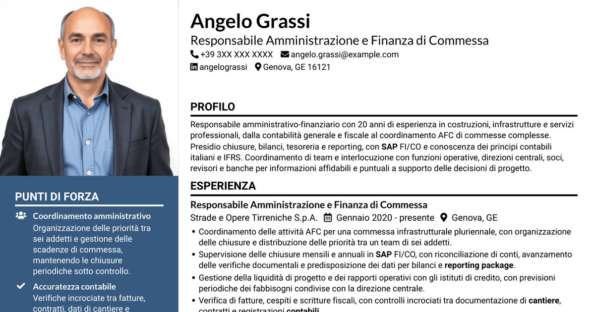 7 modelli di CV per Responsabile Amministrativo - Progetti infrastrutturali, con esempi