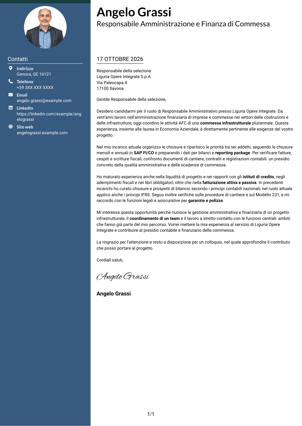 Lettera di presentazione Elegante (formato con colonna laterale colorata e foto): Responsabile Amministrativo - Progetti infrastrutturali, pagina 1