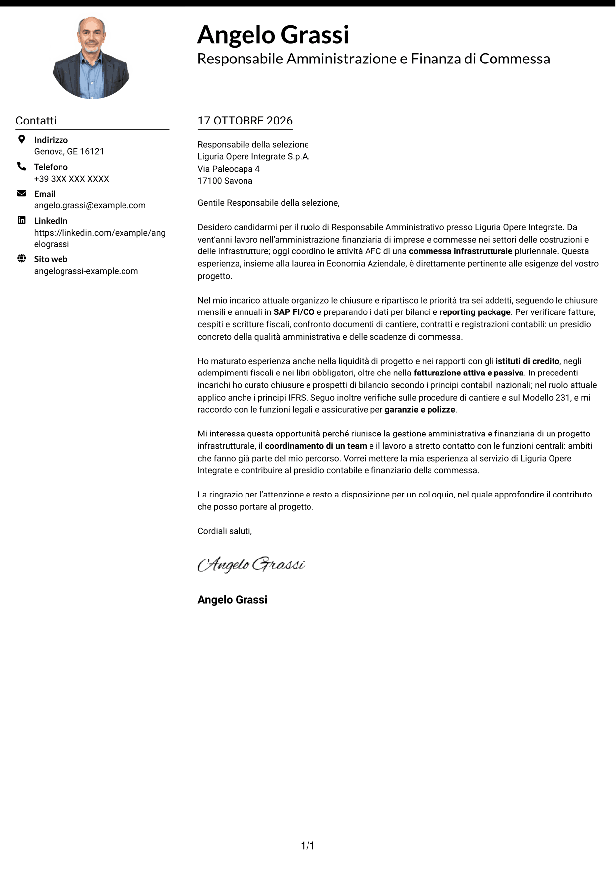 Lettera di presentazione Moderno (formato a due colonne con foto a sinistra e separatore): Responsabile Amministrativo - Progetti infrastrutturali, pagina 1