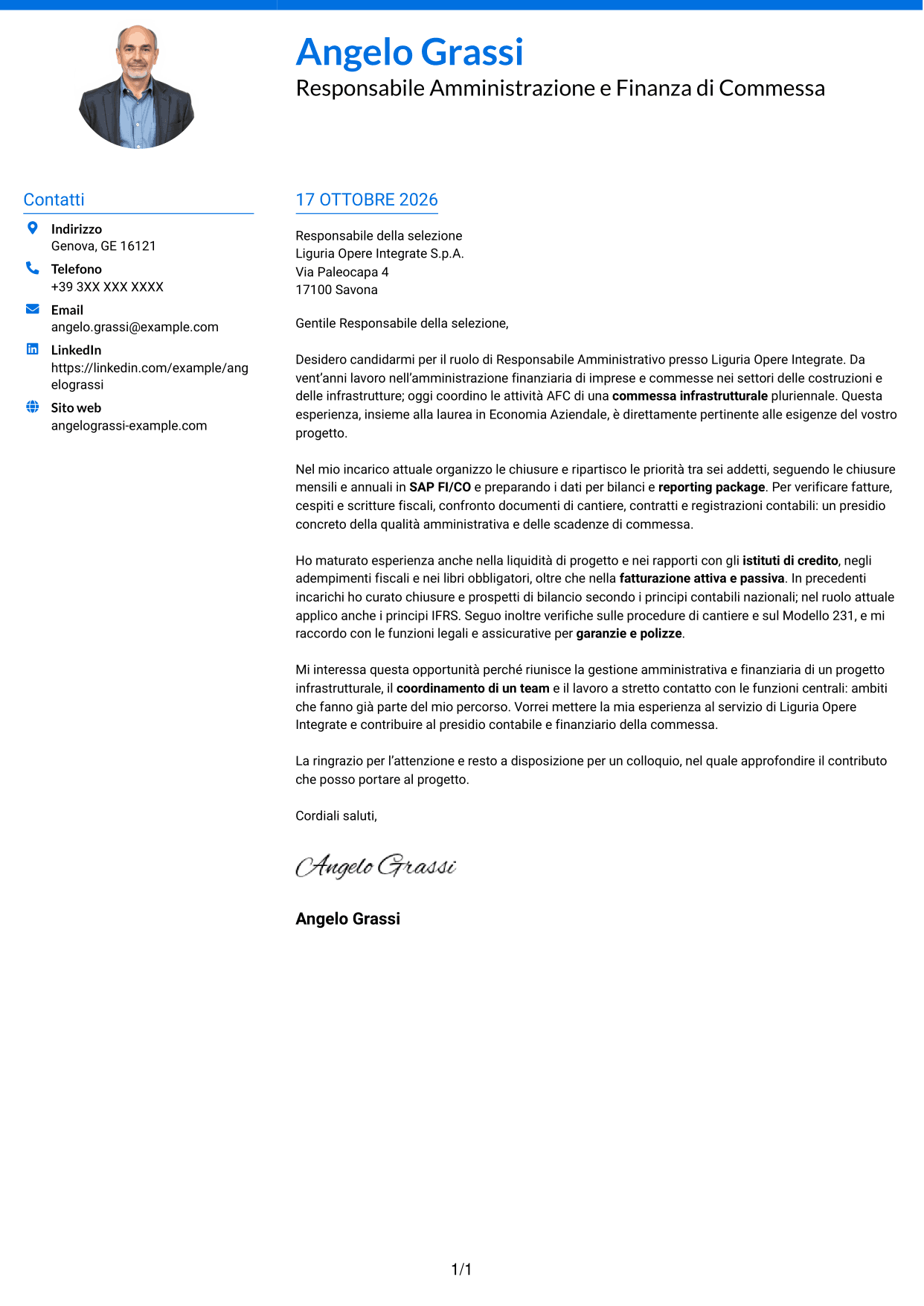Lettera di presentazione Audace (formato a due colonne con accenti colorati e foto): Responsabile Amministrativo - Progetti infrastrutturali, pagina 1