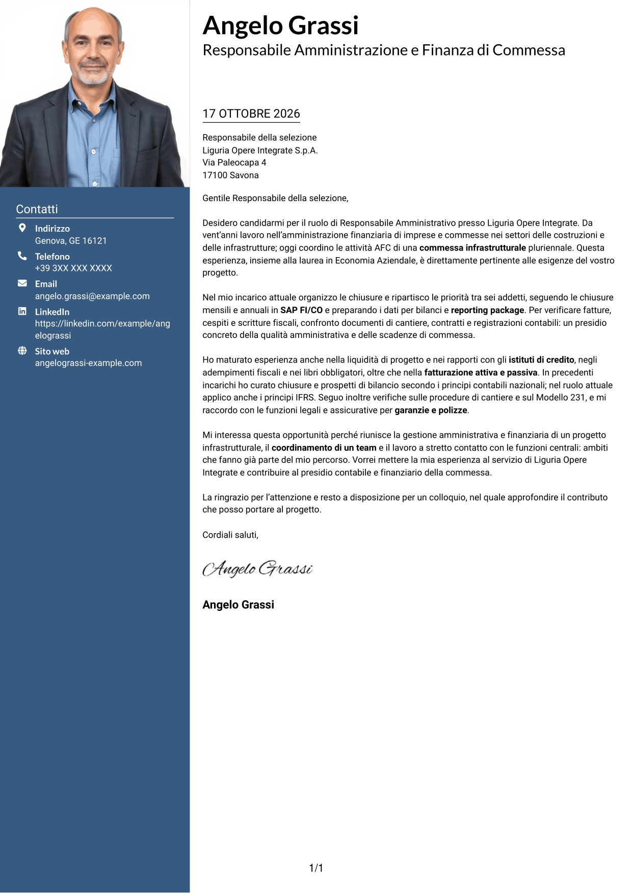 Lettera di presentazione Signature (formato con colonna laterale colorata e foto grande): Responsabile Amministrativo - Progetti infrastrutturali, pagina 1