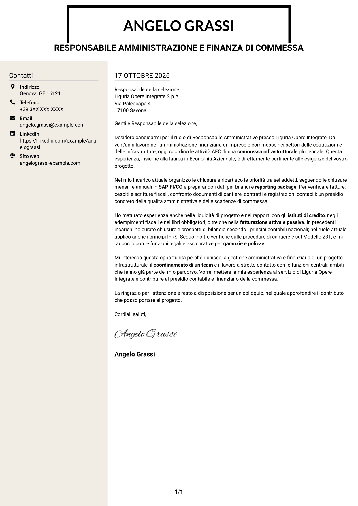 Lettera di presentazione Intraprendente (formato a due colonne con intestazione centrata senza foto): Responsabile Amministrativo - Progetti infrastrutturali, pagina 1