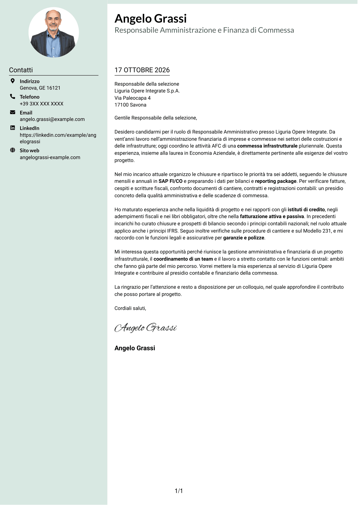 Lettera di presentazione Dirigente (formato con colonna laterale tenue e foto arrotondata): Responsabile Amministrativo - Progetti infrastrutturali, pagina 1